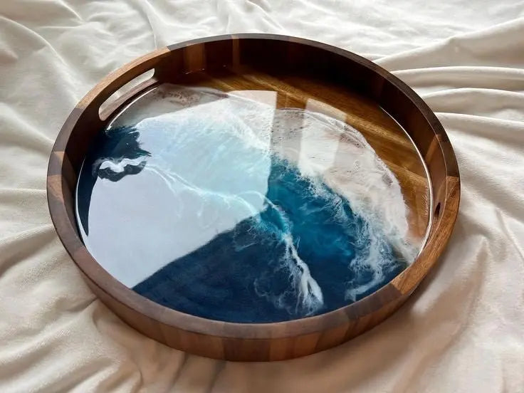 Ocean Resin Wood Round Sarving tray Epoxy Wood Round Sarving tray Ocean Gift - The Best product