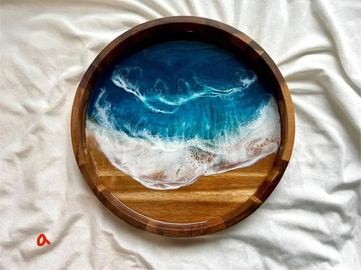 Ocean Resin Wood Round Sarving tray Epoxy Wood Round Sarving tray Ocean Gift - The Best product