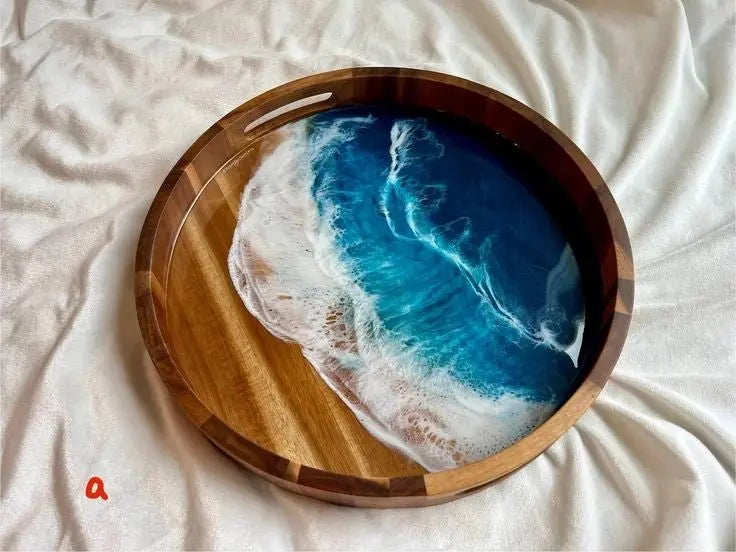 Ocean Resin Wood Round Sarving tray Epoxy Wood Round Sarving tray Ocean Gift - The Best product