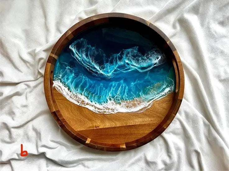 Ocean Resin Wood Round Sarving tray Epoxy Wood Round Sarving tray Ocean Gift - The Best product