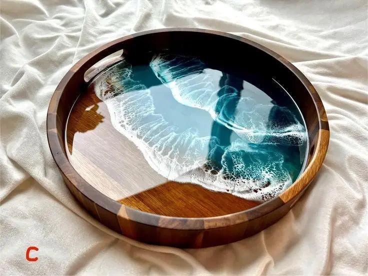 Ocean Resin Wood Round Sarving tray Epoxy Wood Round Sarving tray Ocean Gift - The Best product