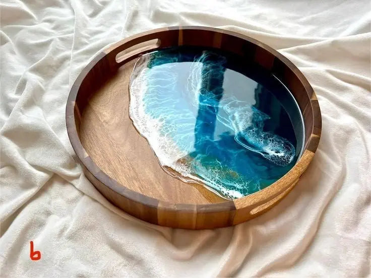 Ocean Resin Wood Round Sarving tray Epoxy Wood Round Sarving tray Ocean Gift - The Best product